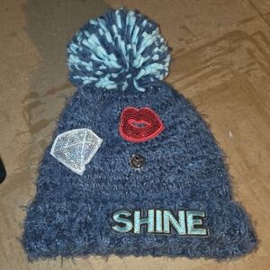 Place Blue Knit Hat with Pom Pom and Shine Patch